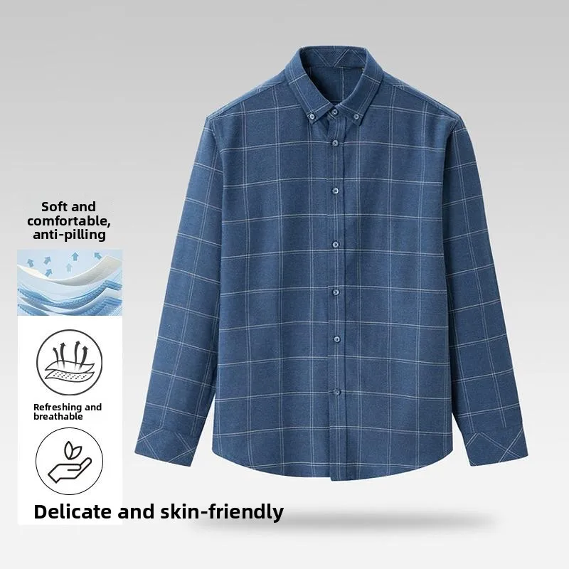 

Men's Fashionable Large Plaid Soft Buttoned Pointed Collar Long Sleeve Shirt Autumn Season Standard Fit Regular Thickness