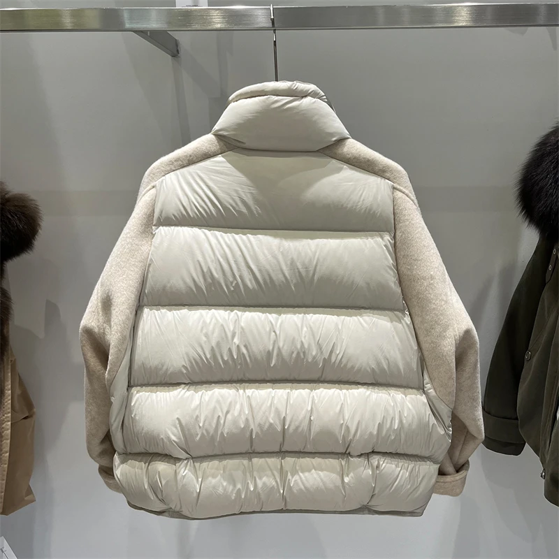 Women's Short, Loose, Casual Warm White Duck Down Jacket with Stand Collar and Contrasting Wool-Blend Sleeves (New Winter Style)