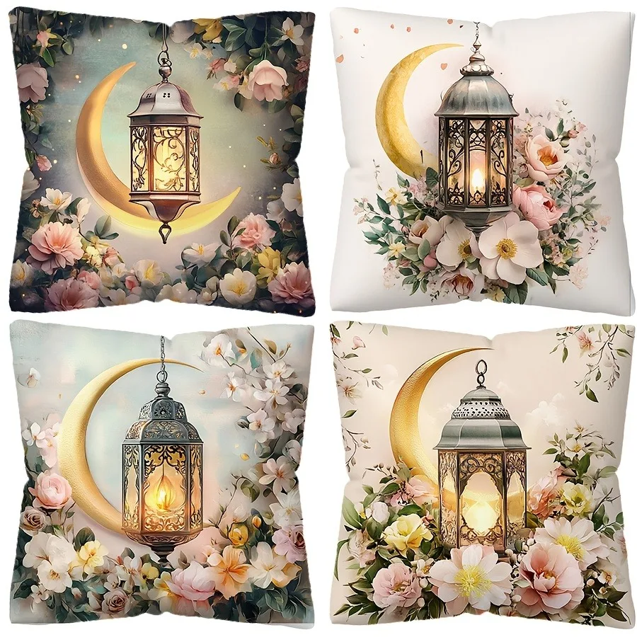 Ramadan decoration pillowcase Crescent Moon fasting lamp and floral pattern design Sofa chair cushion cover home room decoration