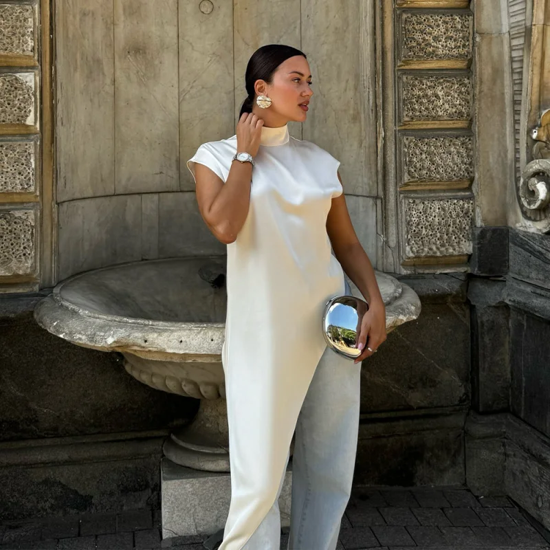 European and American Style Elegant Half High Collar Satin Sleeveless Top Solid Color Diagonal Cut DrapedTShirt