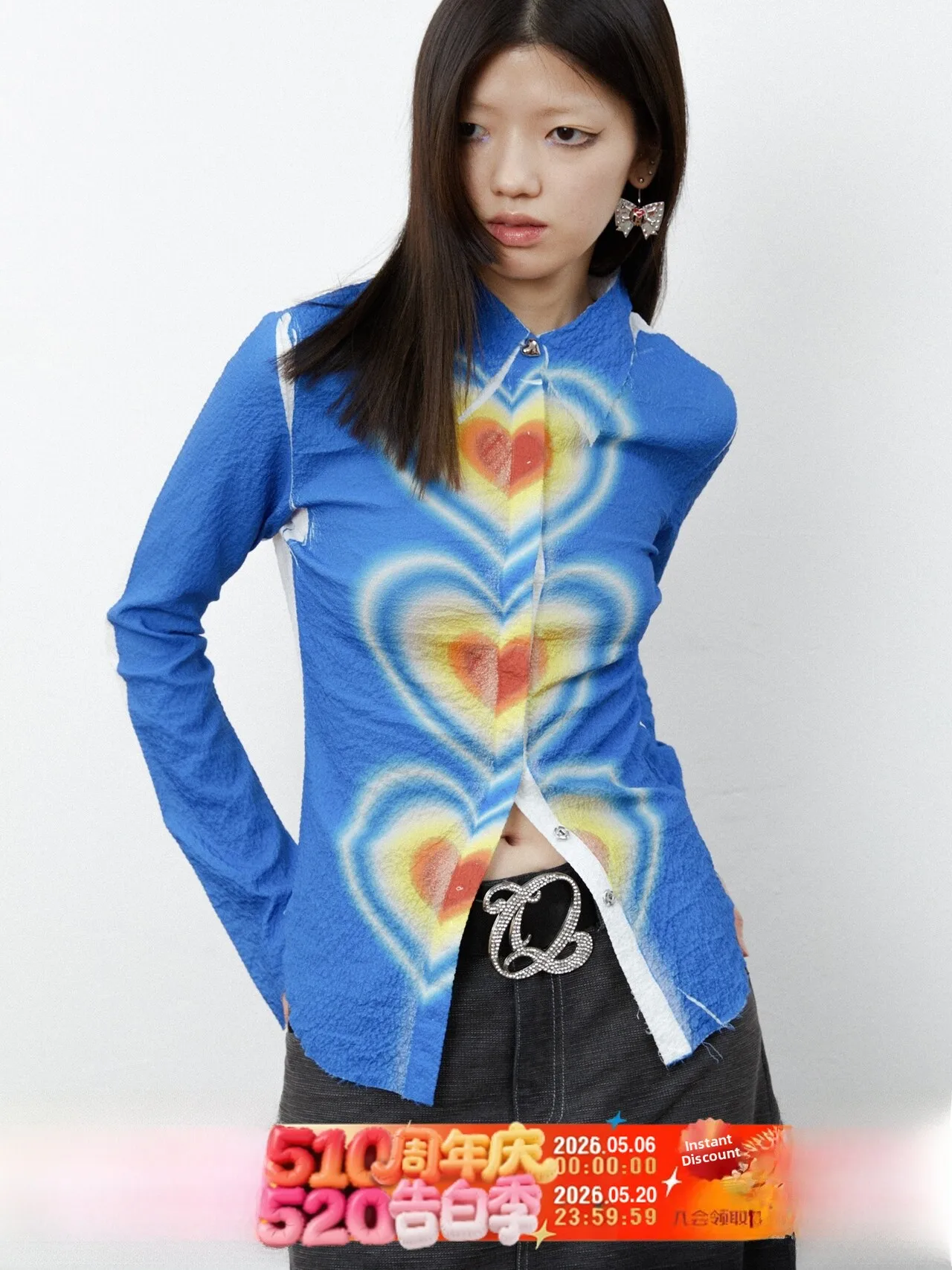 

Quorra S Chord Original Design Printed Gradient Love Heart Slim Fit Bell Sleeve Elastic Shirt Women's Fashion Spring 2023