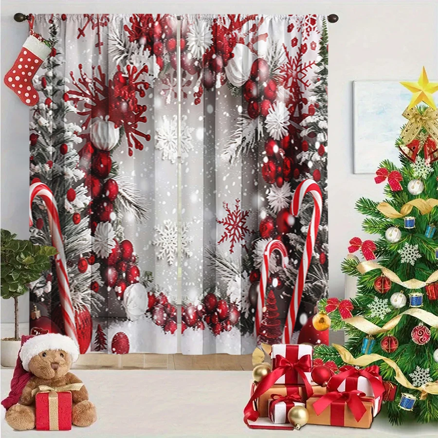 2PCS Red White Candy Cane Print Curtains, Christmas Snowflake Pine Branch Bauble Window Drapes for Xmas Holiday Bedroom Decor