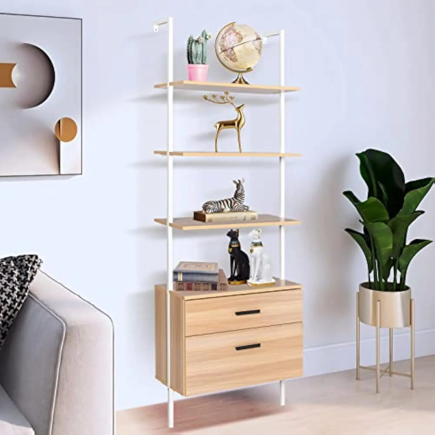 

BNSPLY Industrial Wall Mounted Bookshelf with Wood Drawers, 4-Tiers Ladder Shelf Bookcase with Cabinet, Modern Open Book Shelve