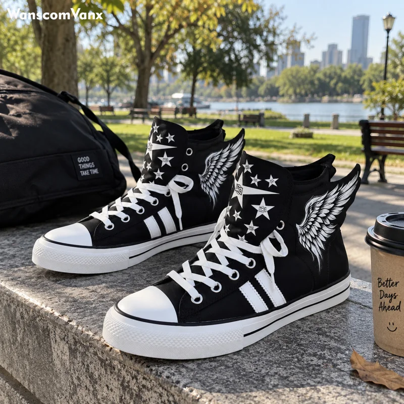 Fashionable High Top Canvas Shoes for Men Foldable Collar Design 5cm Sneakers Retro Style Trend Casual Shoes Men's Footwear