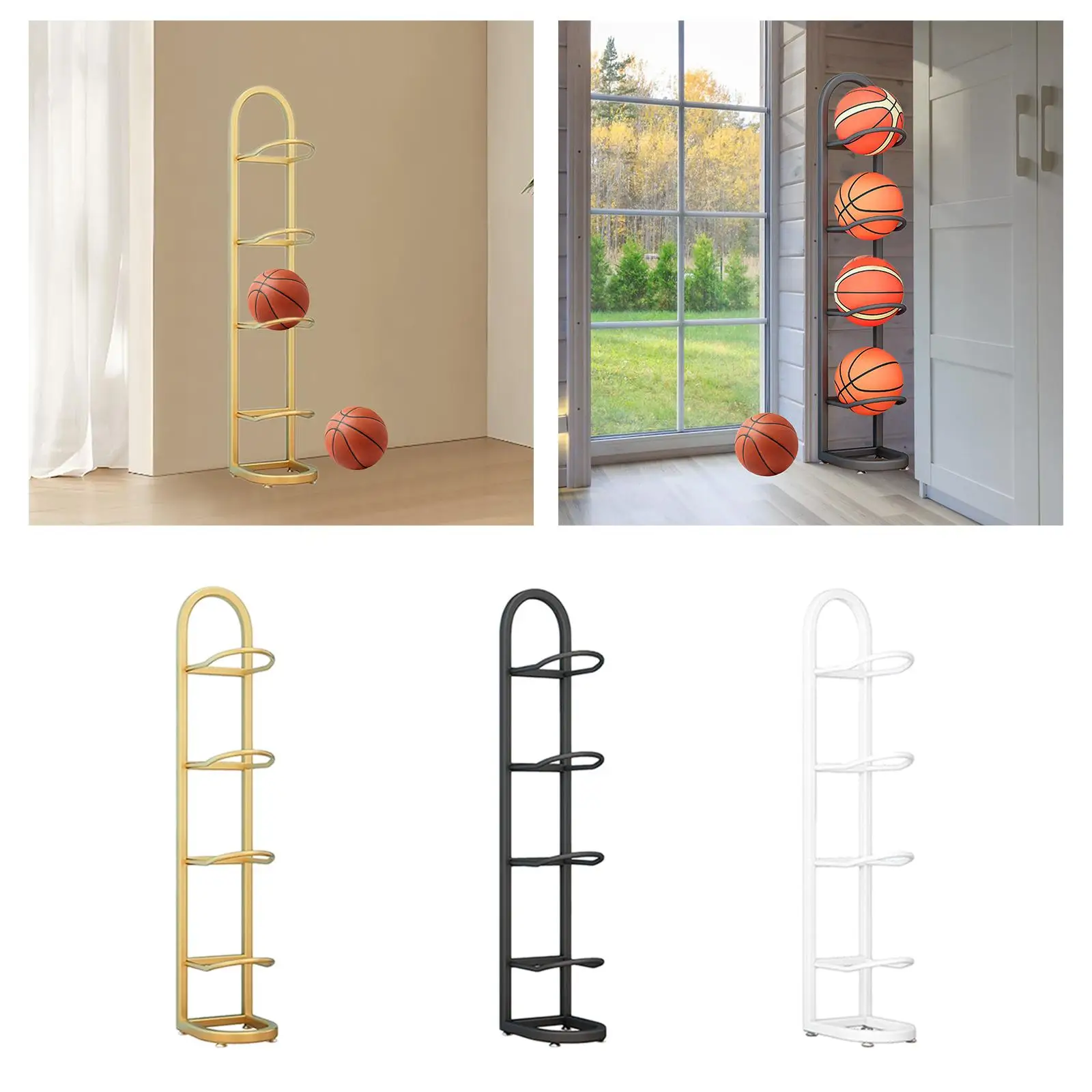 Rack de basquete 5 camadas autônomo, economizador de espaço, organizador de bola esportiva para sala de estar, garagem, casa, ambientes internos e externos, quarto infantil