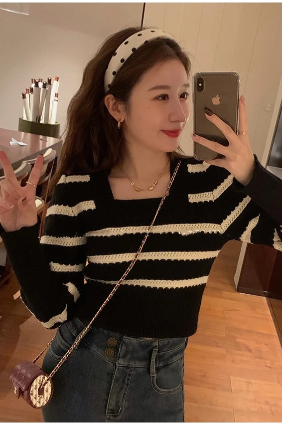 المرأة محبوك سترة ساحة طوق فقاعة Sve مخطط اللون Blo التخسيس خمر Sle طويل Sve الدافئة تخفيف Faion #1