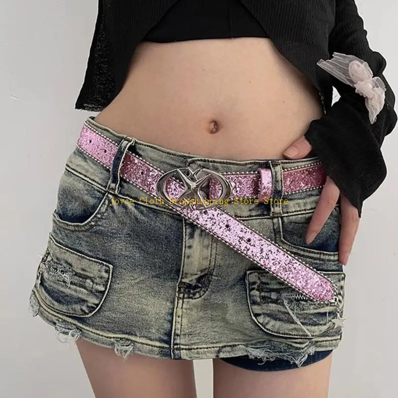 حزام خصر بإبزيم دبوس للنساء لفستان حزام خصر مزين بالترتر حزام نمط هاراجوكو 10CD