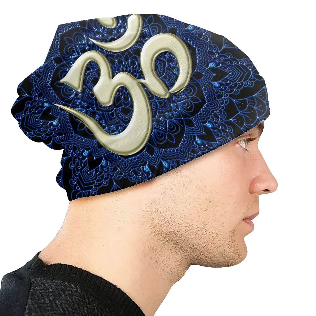 Buddhist God Belief Skullies Beanies Autumn Spring Hats OM With Blue Mandala Thin Bonnet Special Caps Men Women's Earmuffs image 4