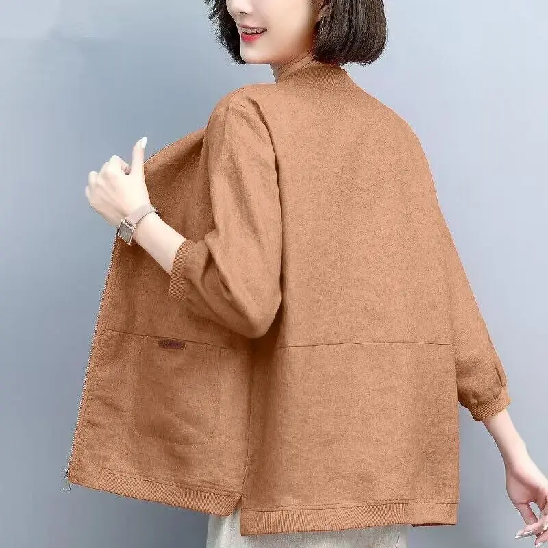 Women Korean Simple Casual Loose Baseball Jackets Autumn Solid 3/4 Sleeve Pockets Zipper Cardigan Coats Female Cotton Linen Tops