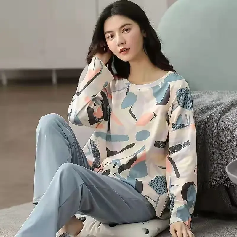 autumn-new-pajamas-women's-spring-and-autumn-models-of-long-sleeved-thin-section-of-home-wear-plus-size-simple-loose-suit