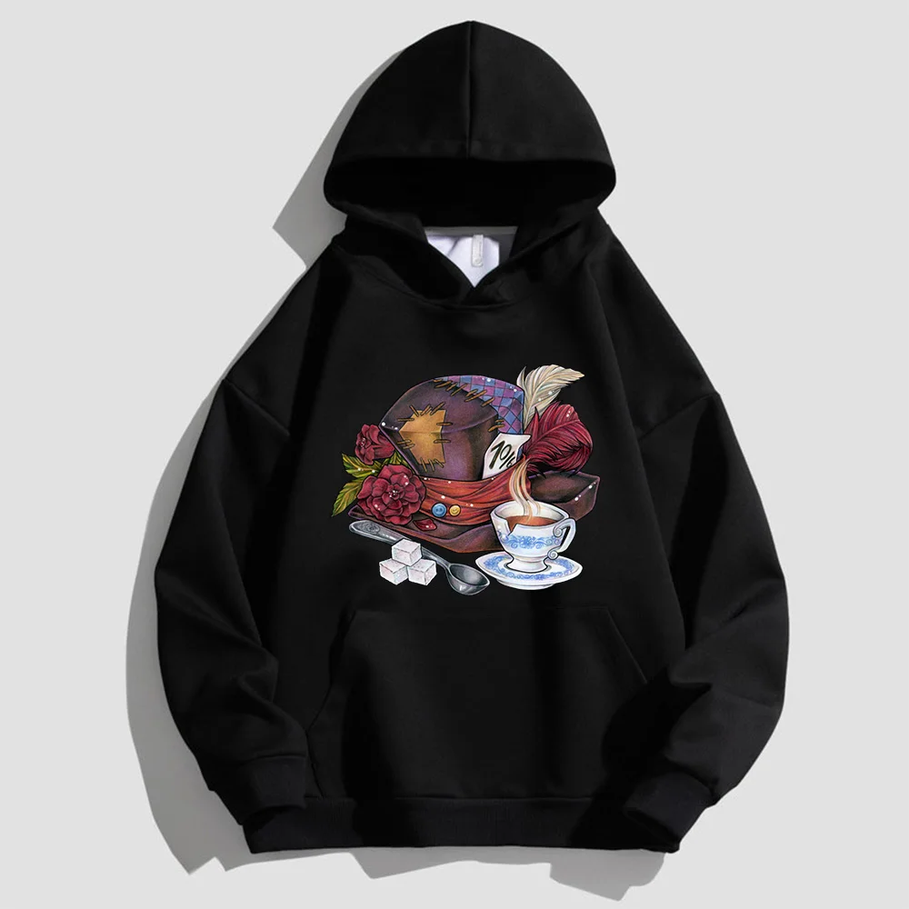 Men's and Women's Cotton Plush Sweatshirt Alice in Wonderland Mad Hatter Teacup Graphic Print Christmas Party Hoodie Y2k