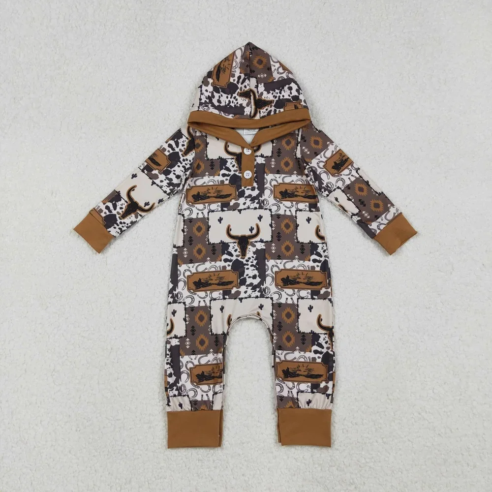 Wholesale Children Baby Boy Long Sleeve Infant Hoodie Romper Kids Buttons Clothes Toddler Newborn Boys Coverall Western Bodysuit