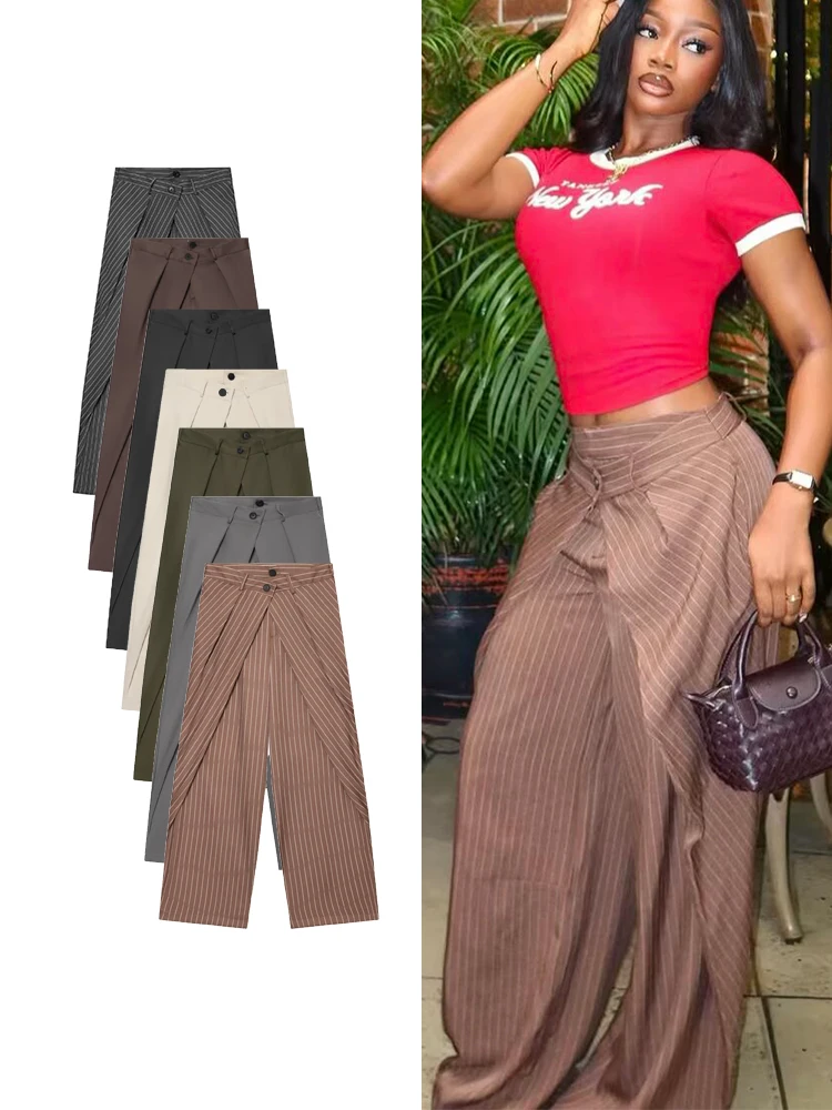 TFMLN Damen Mode Weite Hosen Vintage Hohe Taille Reißverschluss Lässige Gerade Hochgeschnittene Plissierte Lange Hosen Neu