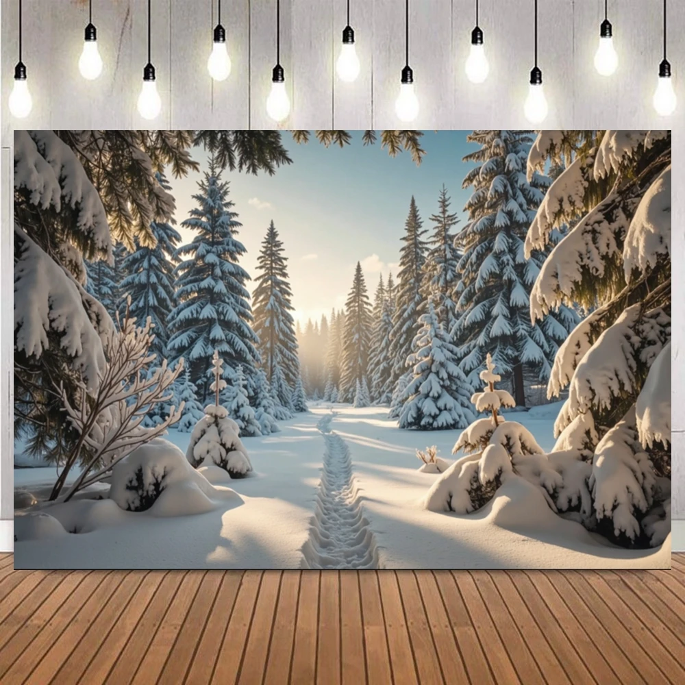 Winter Elegant Simple Themed Photography Background Pine Forest Snowfield Snowflake Clear Sky Home Decor Natural Photo Backdrop