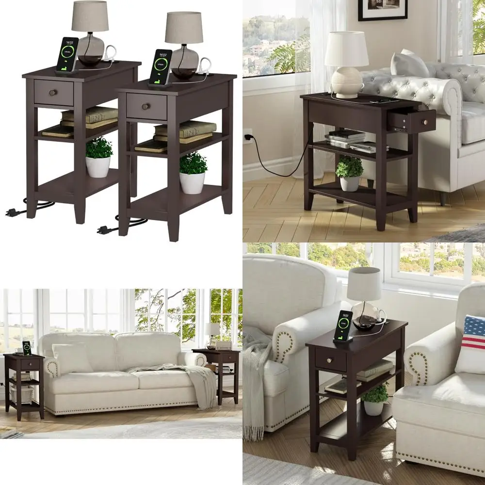 

Pair of Slim 3-Tier End Tables for Living Room with USB Charging and Power Outlets, Featuring Concealed Drawers