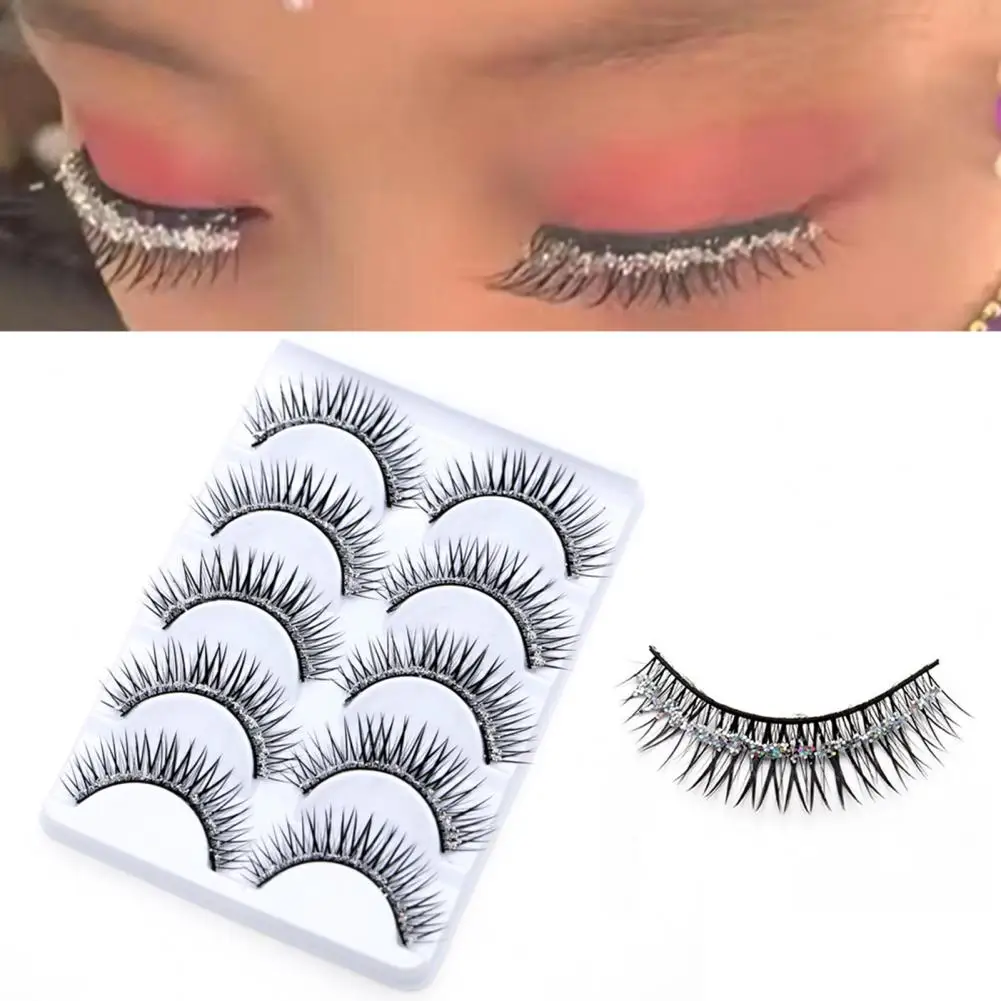 5 Pairs Fake Lashes Exquisite Black Color Artificial Eyelashes Shining Sequins 3D Fake Eyelashes Party Prop for Lady