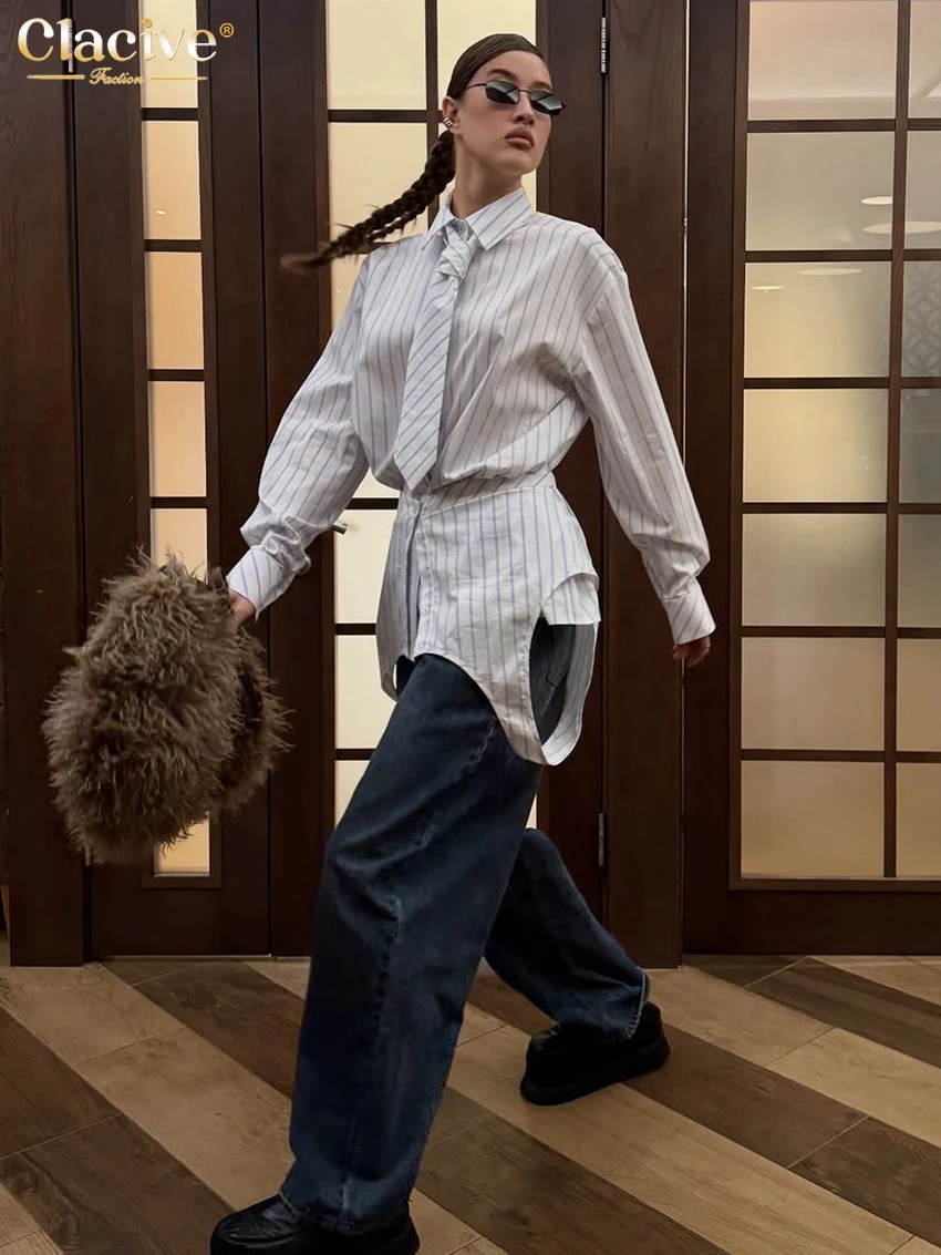 Clacive moda solta impressão blusa feminina 2026 casual lapela camisa de manga longa elegante gravata cinto topo 2 peças roupas femininas