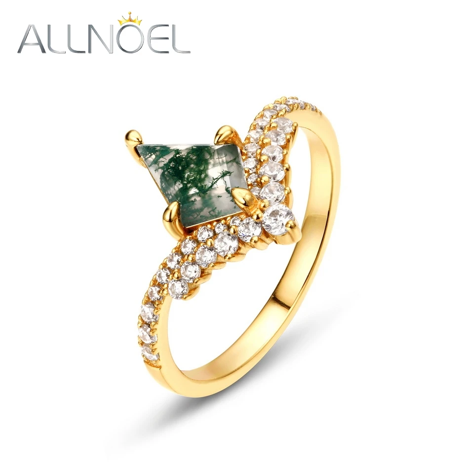 

ALLNOEL 925 Sterling Silver Rings For Women Natural 6*9mm Green Moss Agate Unique Wedding Engagement Gift for Her Fine Jewelry