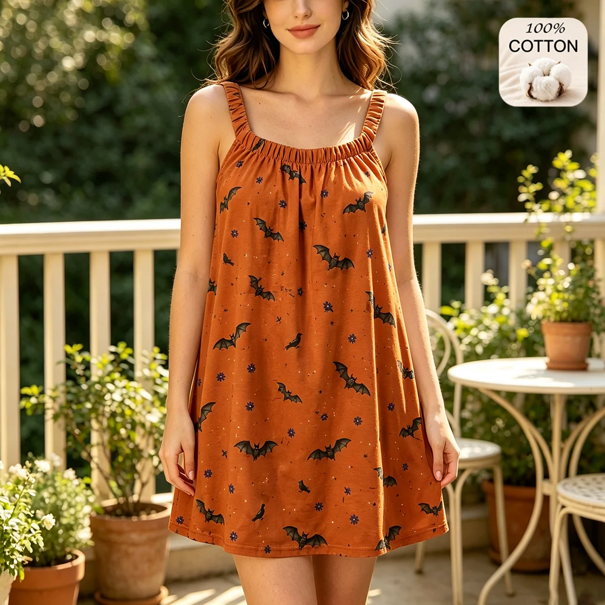Halloween-themed Print Women's Sleeveless Pajamas Loose Casual Vintage Sleep Dress Soft Skin-friendly Cotton Camisole Nightgown