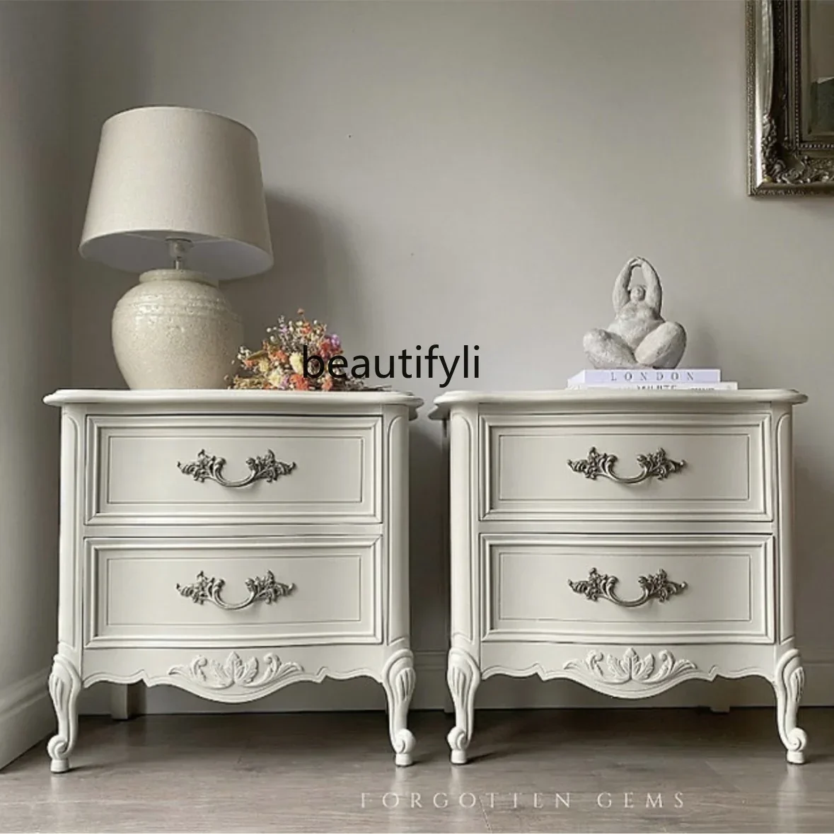 

New Arrivals French Retro Solid Wood White as Old Vintage Engraving Master Bedroom Small Apartment Bedside Table American Locker