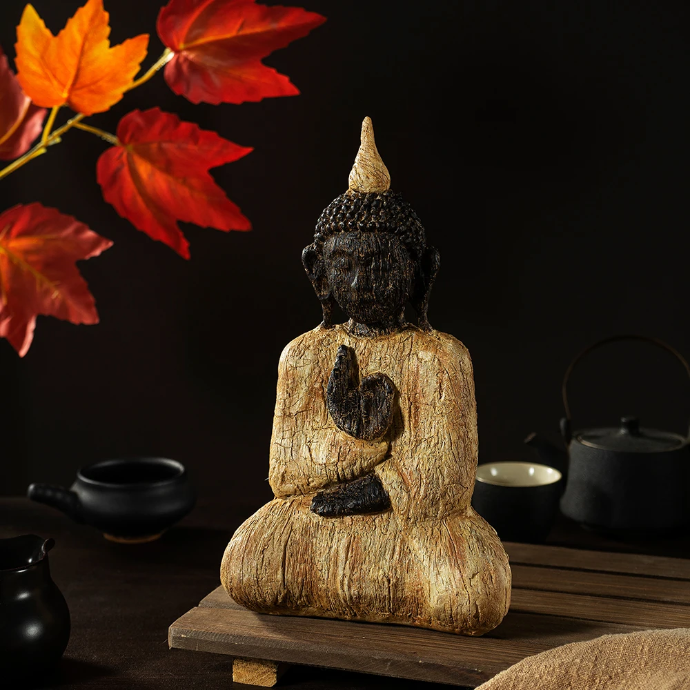 

Zen Inspired Southeast Asian Style Resin Buddha Statue with WoodLike Finish for Living Room Entryway Tabletop Home Decor