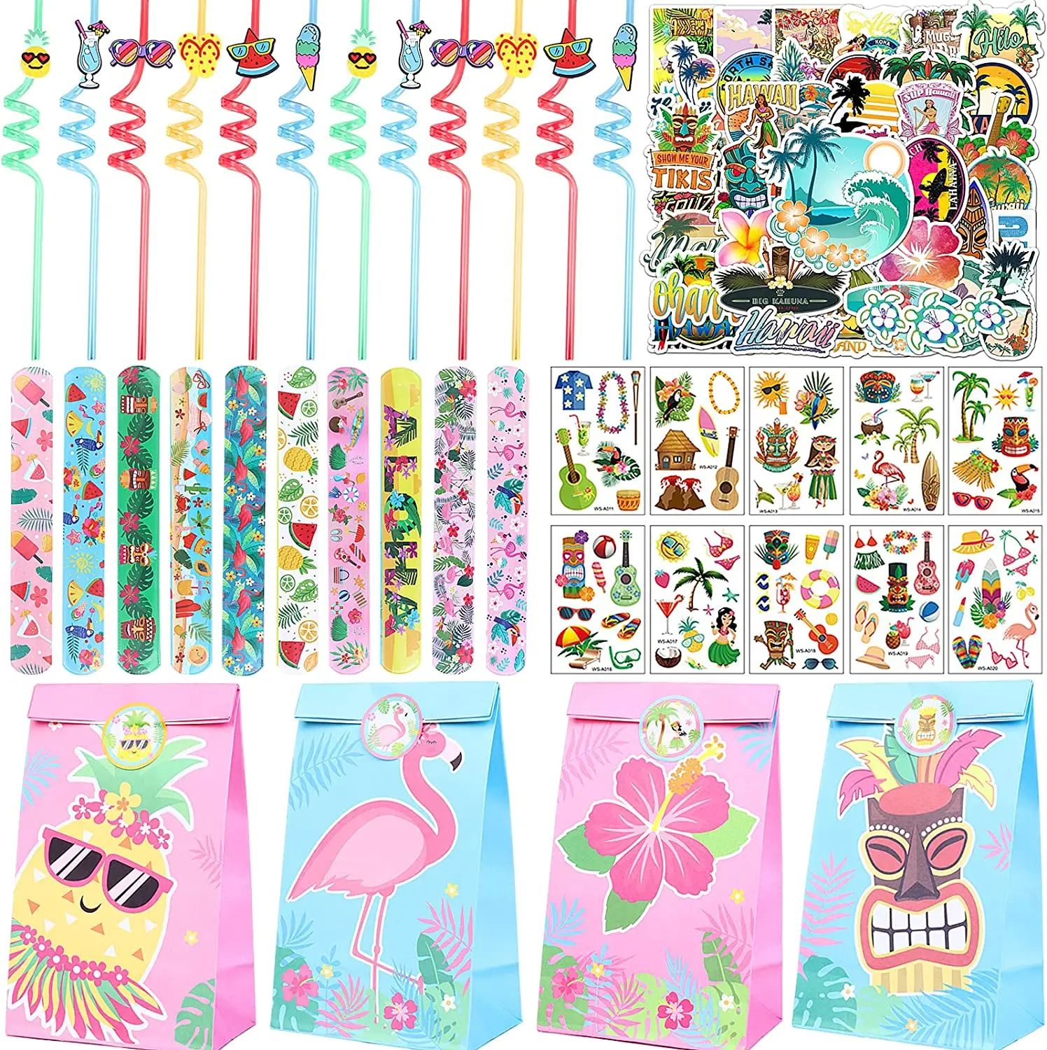 

Hawaiian Luau Party Favors for Kids, Tropical Aloha Gift Treat Bags Luau Slap Bracelets Tattoos for Girls Boys Birthday Supplies