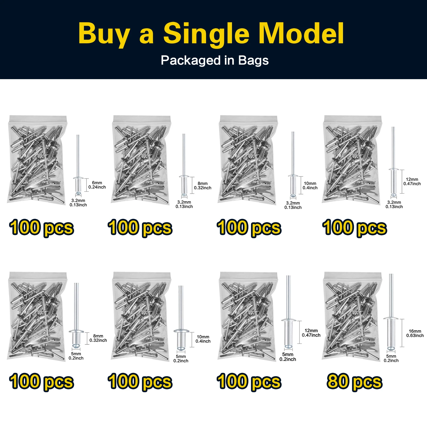 80/ 100/ 160/ 385pcs, Pop Rivets Assortment Kit, Aluminum Rivets Set in 8 Sizes, Blind Rivets for Metal with Organizer