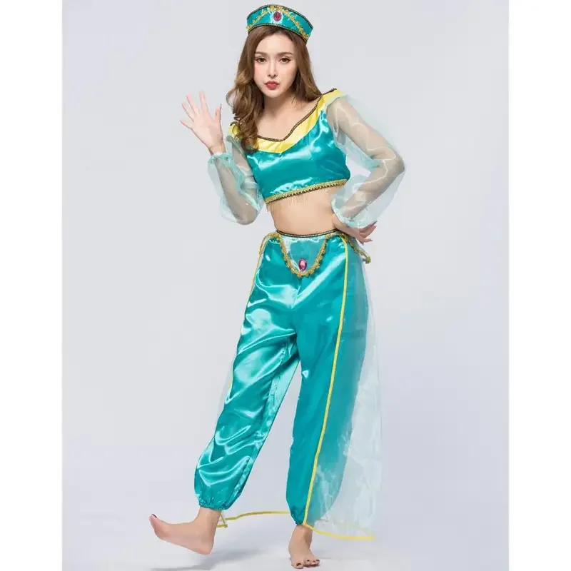 Volwassen Carnaval Kleding Meisjes Aladdin Jasmijn Prinses Kostuum Volwassen Buikdanseres Cosplay Top Broek Halloween Feest Pak Jurk