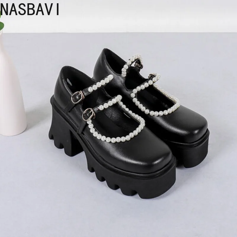 

NASBAVI 2025 High Quality Leather Shoe for Women 9cm High Heel Platform Round Toe 43 Elegant and Fashion Shoe Black White