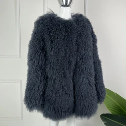 Women's Real Sheep Fur Coats Mid-Length Mongolian Lamb Fur Coat Hot Selling Style Female Sheepskin Jacket