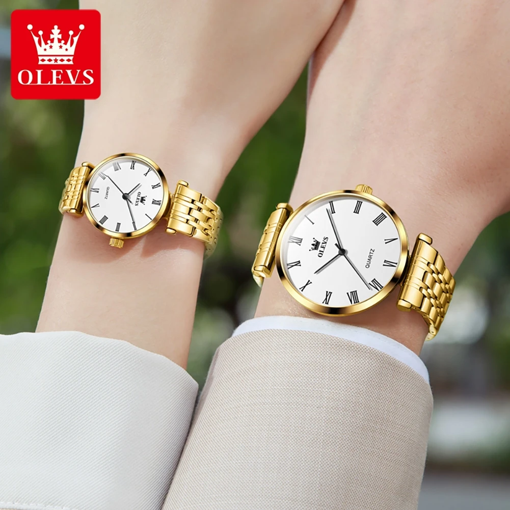 OLEVS Brand 2024 New Luxury Gold Couple Watch for Men Women Stainless Steel Strap Waterproof Fashion Quartz Watches Lovers