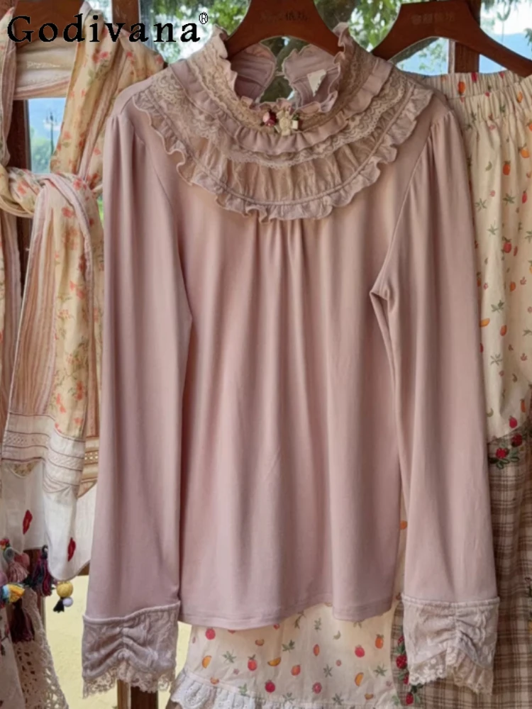 

Spring New Elegant Court Vintage Lace Long Sleeve Japanese Cotton Thickened Bottoming Shirt Sweet Girl Age-reducing Lolita Tops