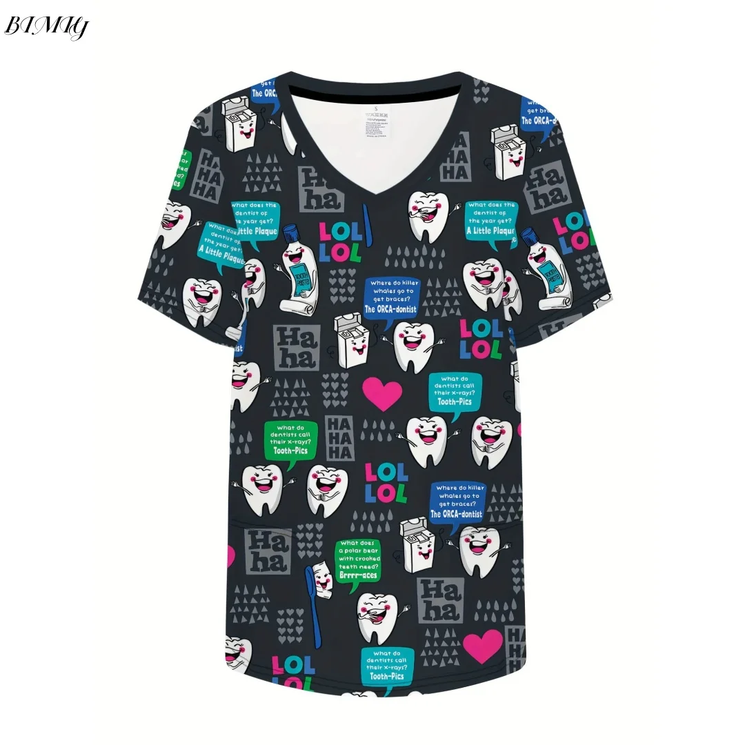 Uniforme de asistente dental para mujer, camiseta de manga corta con cuello en V y estampado 3D de dientes de dibujos animados con bolsillos funcionales, ropa de trabajo de verano