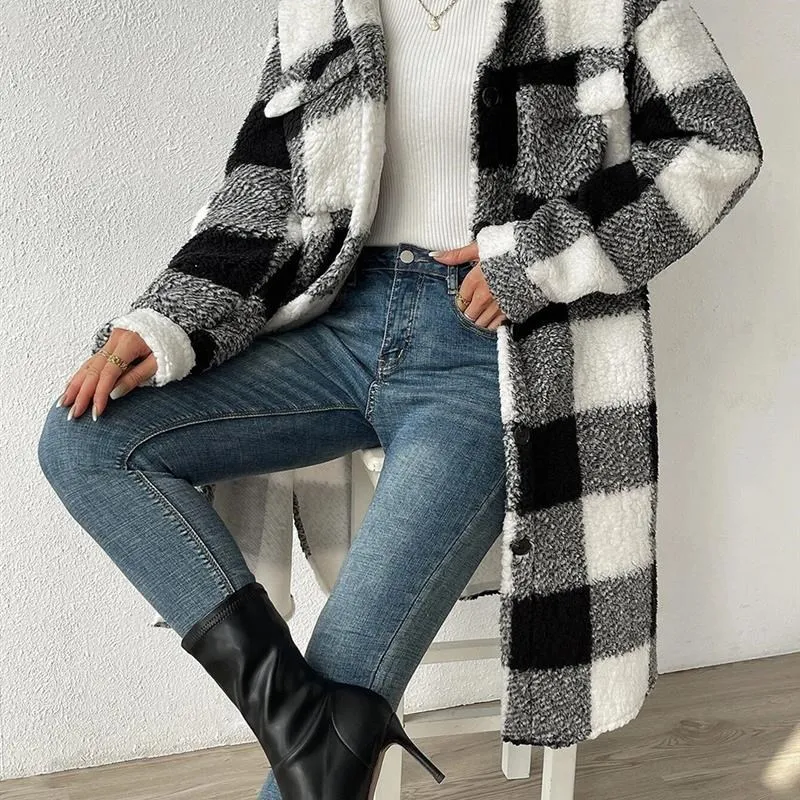 

Autumn Winter Plu Long Coat Women Open Button Plaid Design Commute Sle Printed Sve Other Material 00%