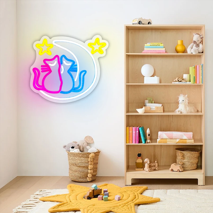 علامات نيون على شكل قطة القمر لديكور الحائط، لافتة إضاءة LED لديكور غرفة Preppy لافتة مضيئة لتزيين حفلات أعياد الميلاد المنزلية #4