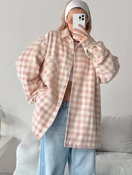 Mumaroho 2024 Winter Autumn Women Woolen Plaid Jacket Pink Long Sleeve Tops Outwear Coat For Women