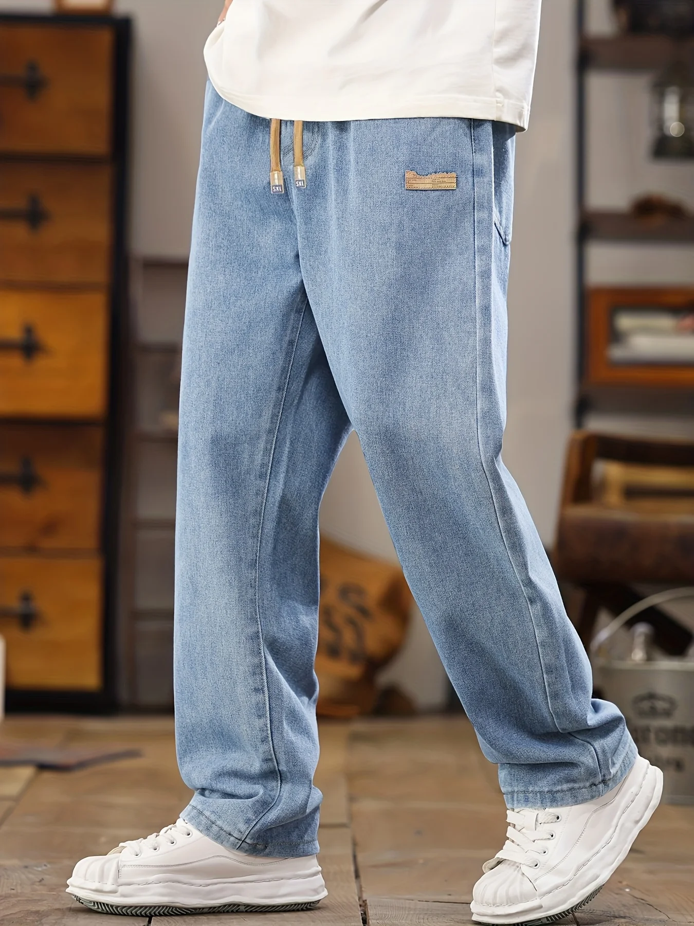 

Men Straight Leg Light Blue Loose Y2K Drawstring Jeans Streetwear Casual Wide Denim Pants Male Baggy Stylish Harajuku Trousers