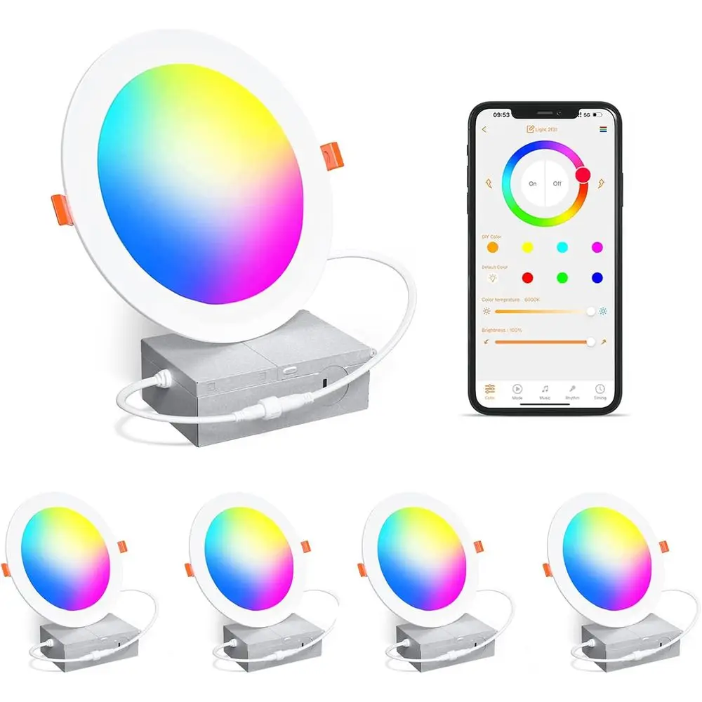 

4-дюймовый RGB-светильник для потолка с изменением цвета, 12 Вт, со встроенной коробкой для подключения, 2700K-6000K, 1080 лм, диммируемый через Bluetooth-управление