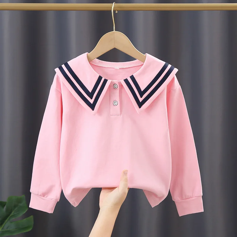 Girls Blouse Spring Autumn Long Sleeved Shirts for Kids Children\'s Princess T-shirts Teenager Navy Style Pullover School Clothes