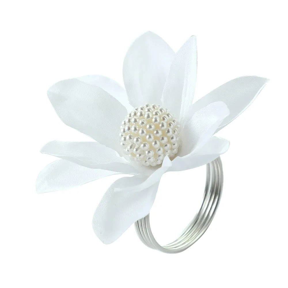 

3pcs Exquisite White Napkin Rings Chiffon Silk Flower Napkin Holders Floral Beads Napkin Buckles Dinner Table Decoration