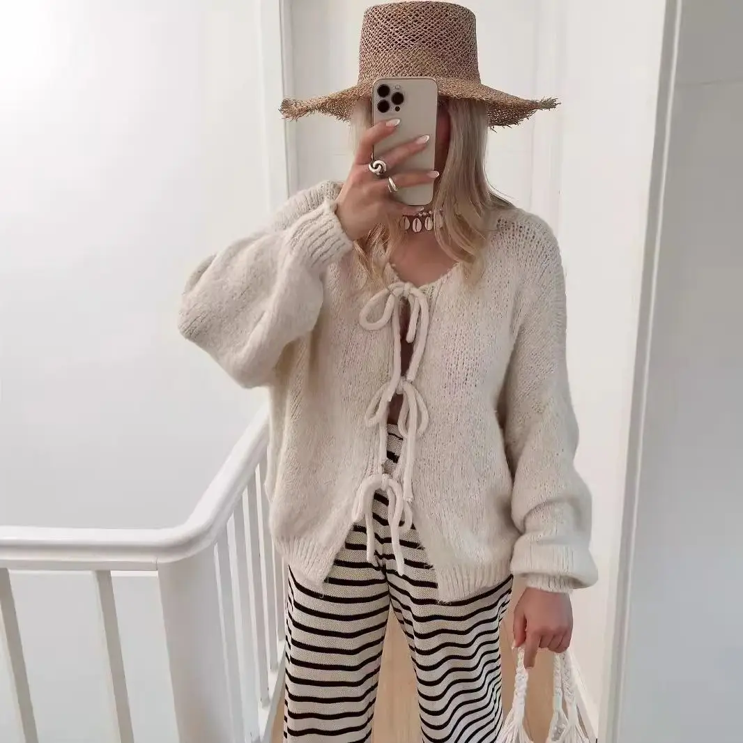 

European American fashion autumn and winter new crew neck long-sleeved top pink lace-up sweater lazy style women's cardigan top