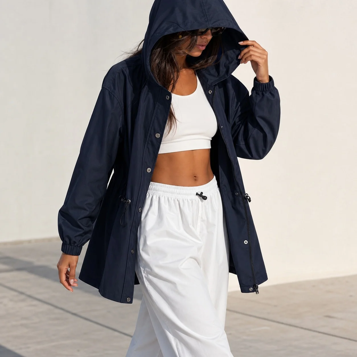 Women's Medium Weight Hooded Belted Jacket Solid Color Long Sleeve Woven Mid-Length Single Breasted Women's Spring/autumn