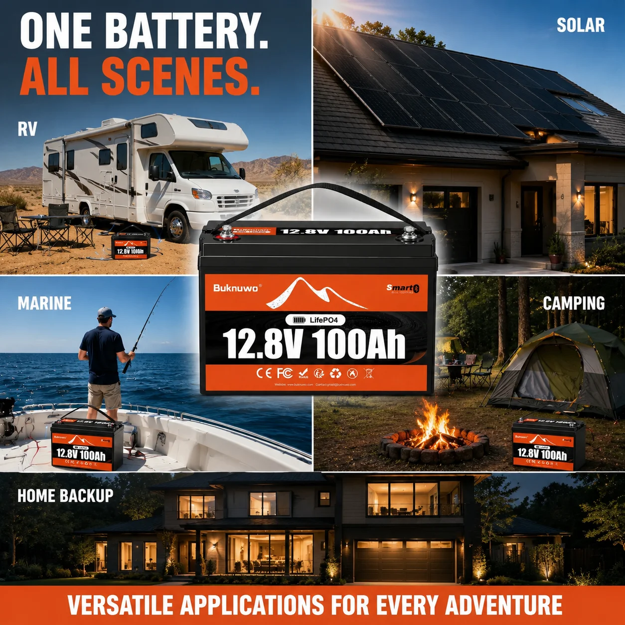 BUKNUWO LiFePO4 12V/12.8V 100Ah Lithium Battery Pack With Bluetooth Built-in 100A BMS Grade A Cells 8000+ Cycles BMS Grade A For Boat RV Campers Solar System