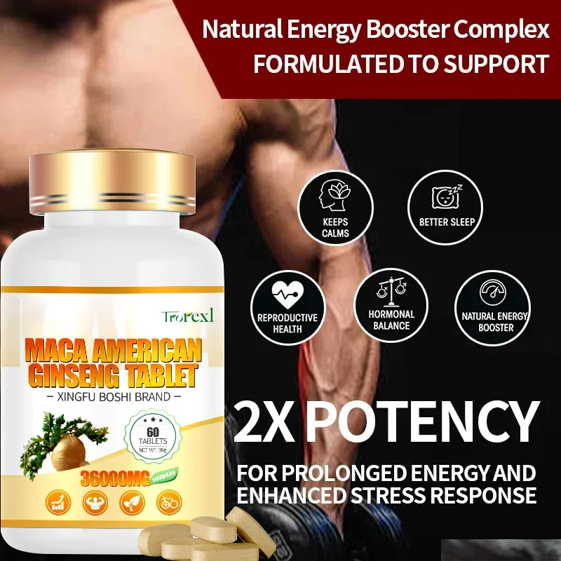 Peruvian Maca+Ginseng Capsule 60 Tablets 100% Pure Non-GMo Supports Reproductive Health Natural Energizer