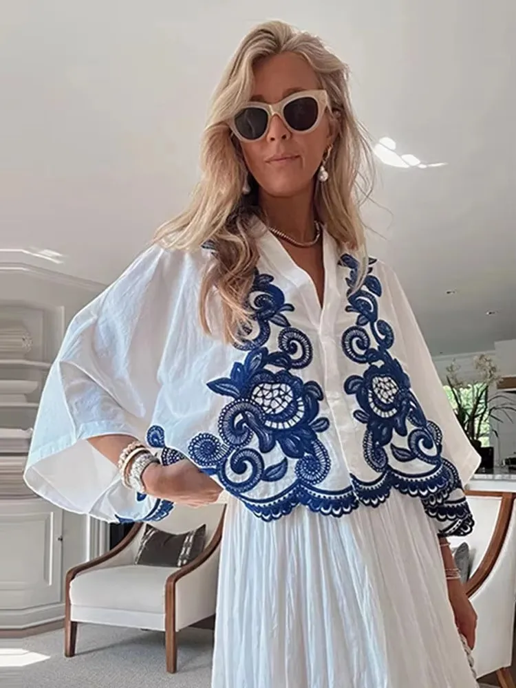 

HH 2024 Women Fashion Blue Floral Embroidery Blouse Casual Loose V Neck Single Breasted Shirt Female Chic Top Y2K