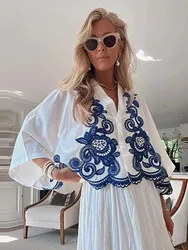 HH 2024 Women Fashion Blue Floral Embroidery Blouse Casual Loose V Neck Single Breasted Shirt Female Chic Top Y2K