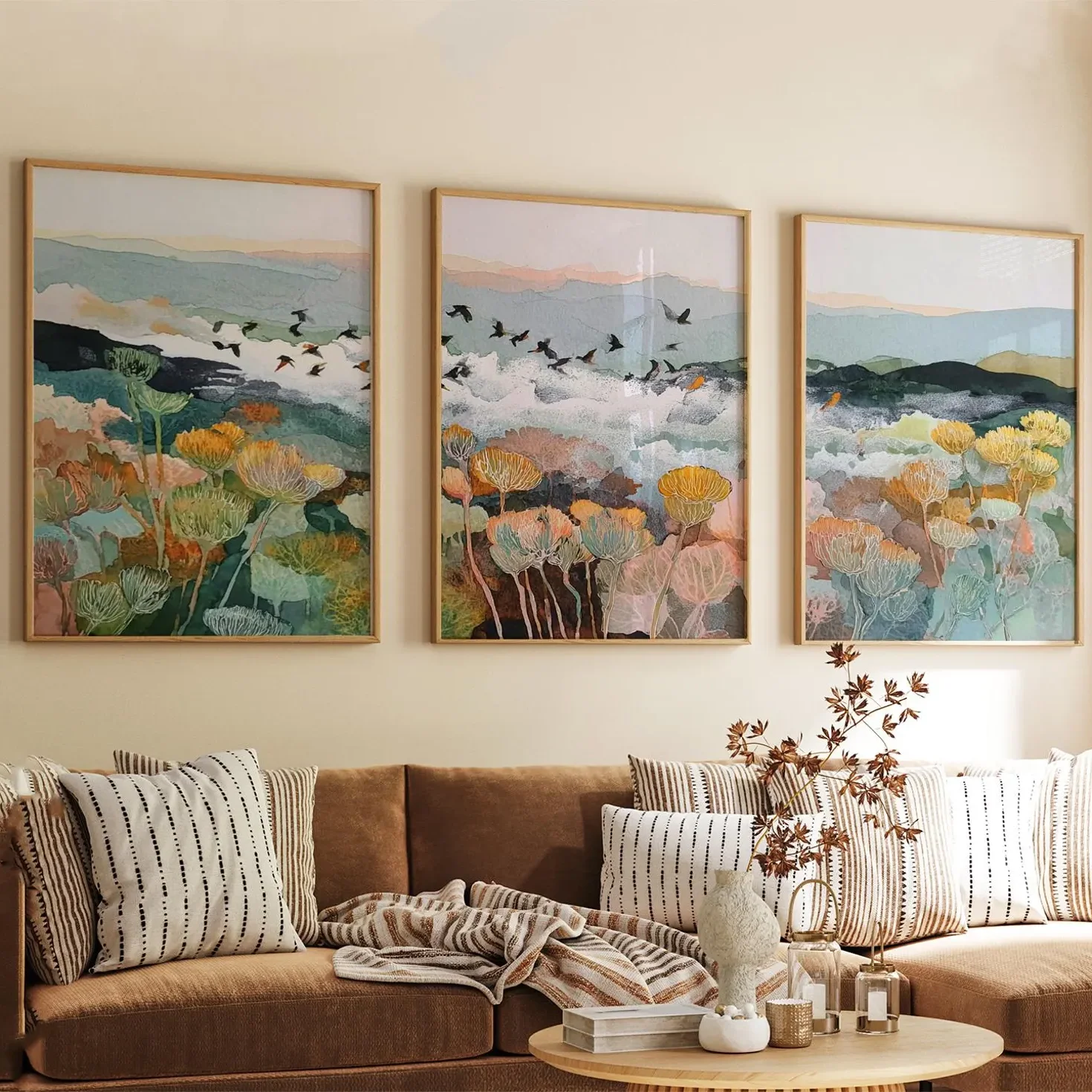 3PCS  Frameless,3PCS  Botanical Landscape Wall Art  Japanese Poster  Birds in Flight Nature Triptych  Canvas Painting for Room D