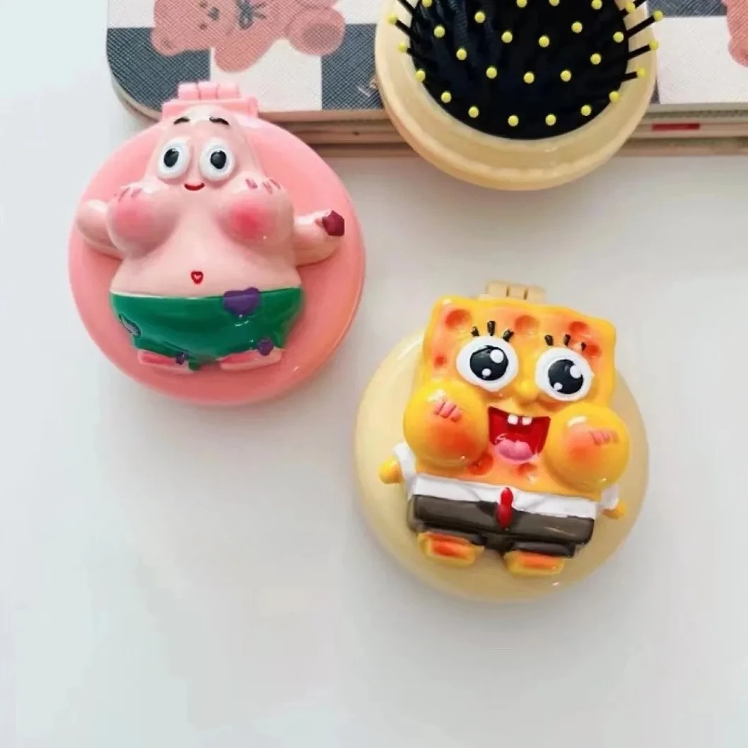 Spongebob Squarepants Foldable Round Airbag Comb Anime Cartoon Pie Star Comb Mirror Mini Air Cushion Comb Kawaii Gift