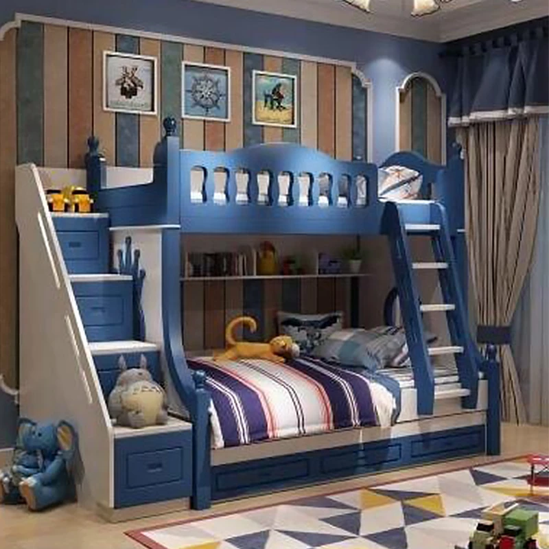 Mediterranean Style Modern Wooden Double Children's Bunk Bed Family Furniture Bedroom Luxury Boy Girl Bunk Bed with Stairs