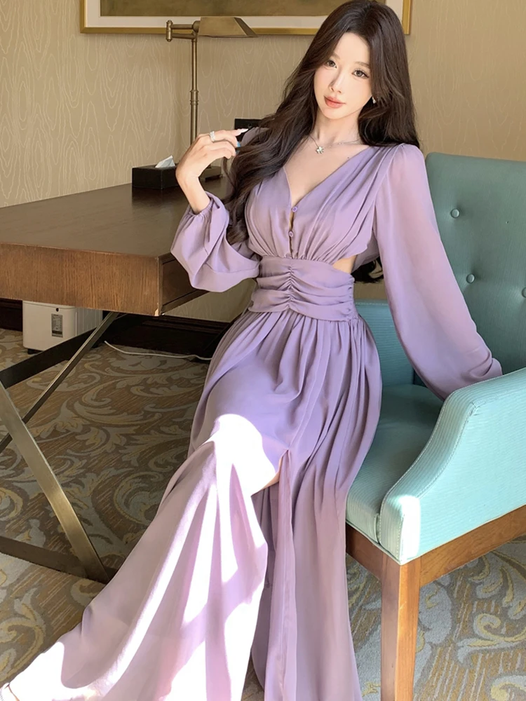 秋の紫シフォンホローアウトVネックセクシーバックレスドレス女性エレガントラグジュアリーダンスパーティードレス2025韓国ボディコンベスティドス